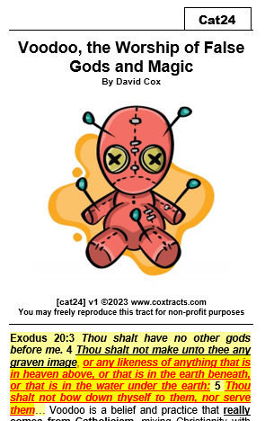 cat24 Voodoo, the Worship of False Gods and Magic explains why voodoo is wrong, and why Christians shouldn't have anything to do with it.